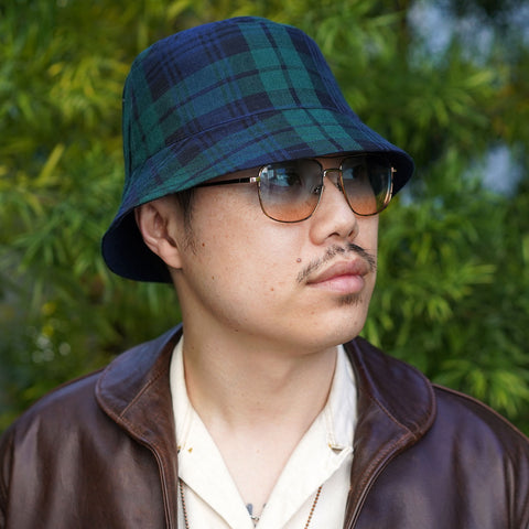 Joyride Reversible Bucket Hat in E. Thomas Black Watch Plaid Wool/Orta  Anadolu Deep Indigo Chambray